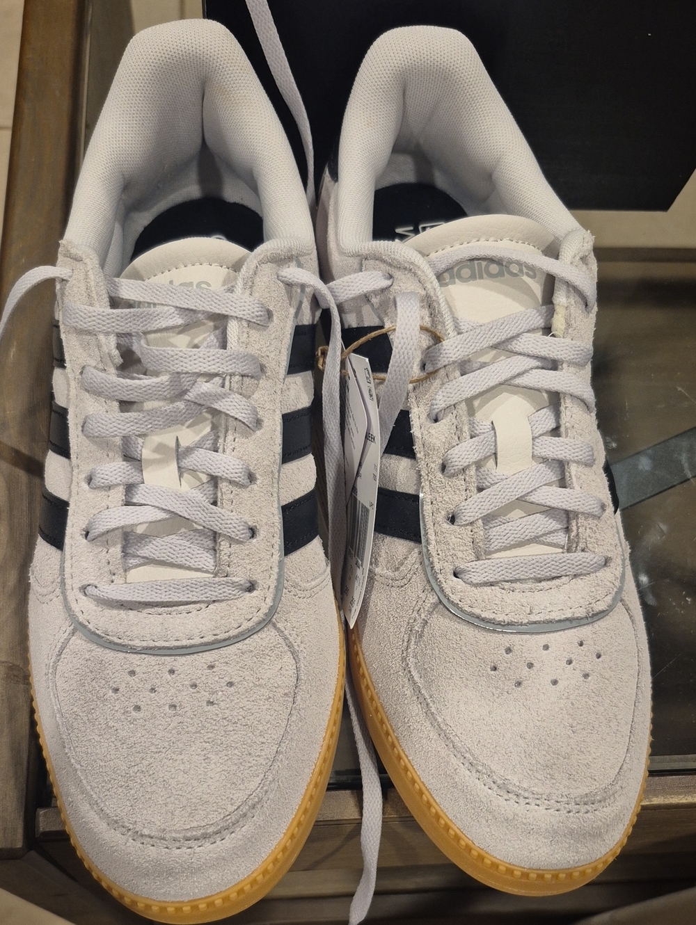 adidas  White Suede Sneakers with Black Stripes and Gum Sole